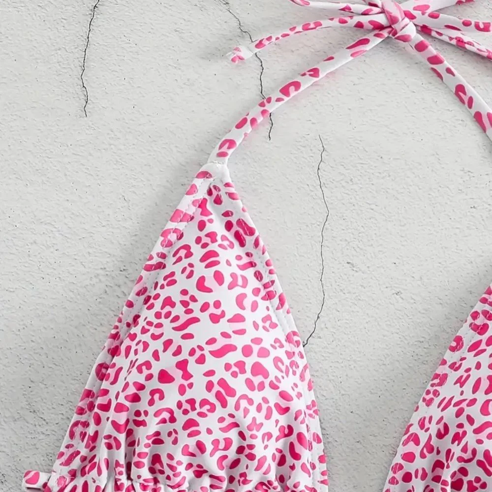2 Piece Swimsuit, Halter Tide Side Triangle Bikini, Spaghetti Strap - Pink